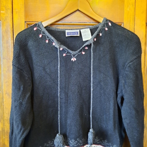 Vintage Y2K Erika & Co. black Nordic fair isle knit v-neck sweater size medium - Picture 2 of 12